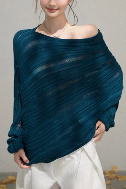 Peacock Blue Knit Sweaters Cold Shoulder Hollow Out Fall
