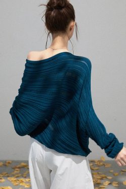 Peacock Blue Knit Sweaters Cold Shoulder Hollow Out Fall