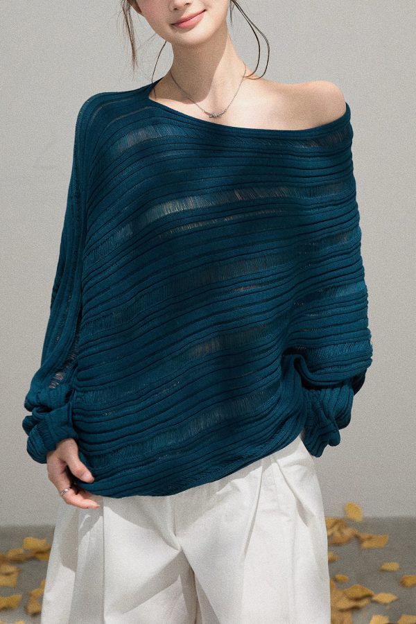 Peacock Blue Knit Sweaters Cold Shoulder Hollow Out Fall