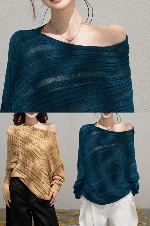 Peacock Blue Knit Sweaters Cold Shoulder Hollow Out Fall