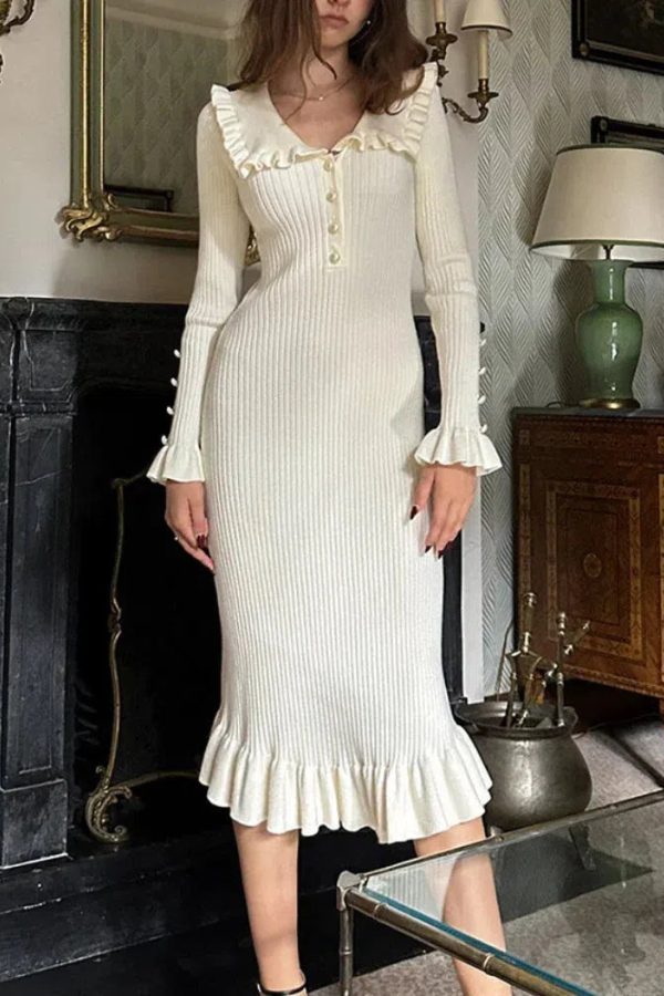 Peter Pan Collar Ribbed Midi Dress