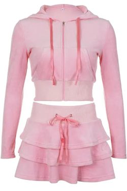 Pink Aesthetic Skirt & Hoodie Two Piece Set