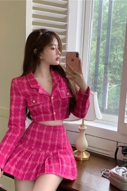 Pink Crop Jacket & Mini Skirt Two Piece Set