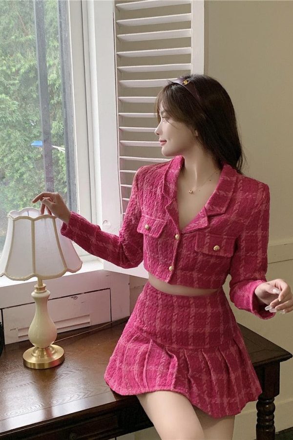 Pink Crop Jacket & Mini Skirt Two Piece Set