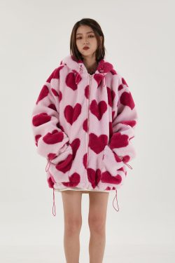Pink Heart Pattern Hooded Jacket