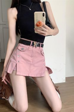 Pink Side Slit Denim Mini Skort