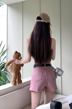 Pink Side Slit Denim Mini Skort