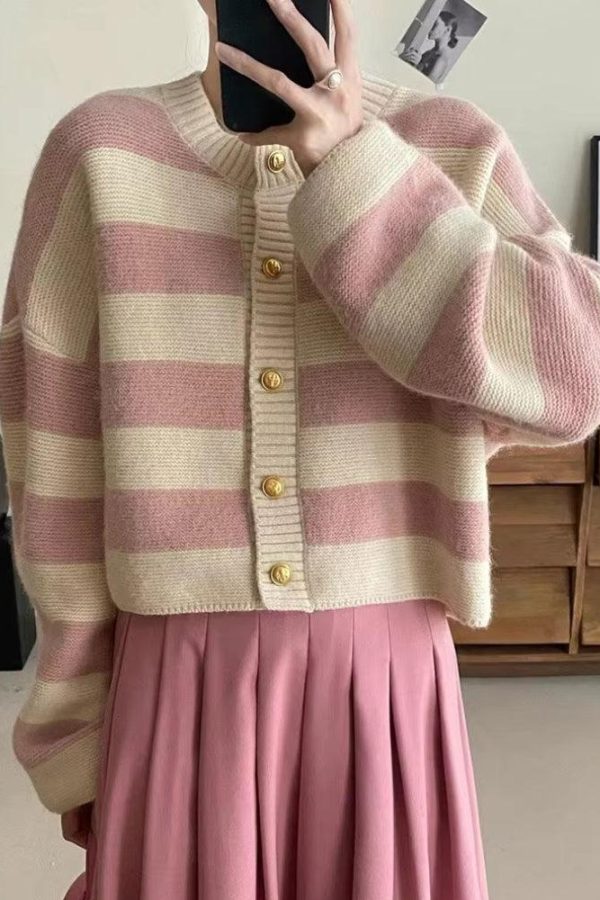 Pink Striped Knit Cardigan