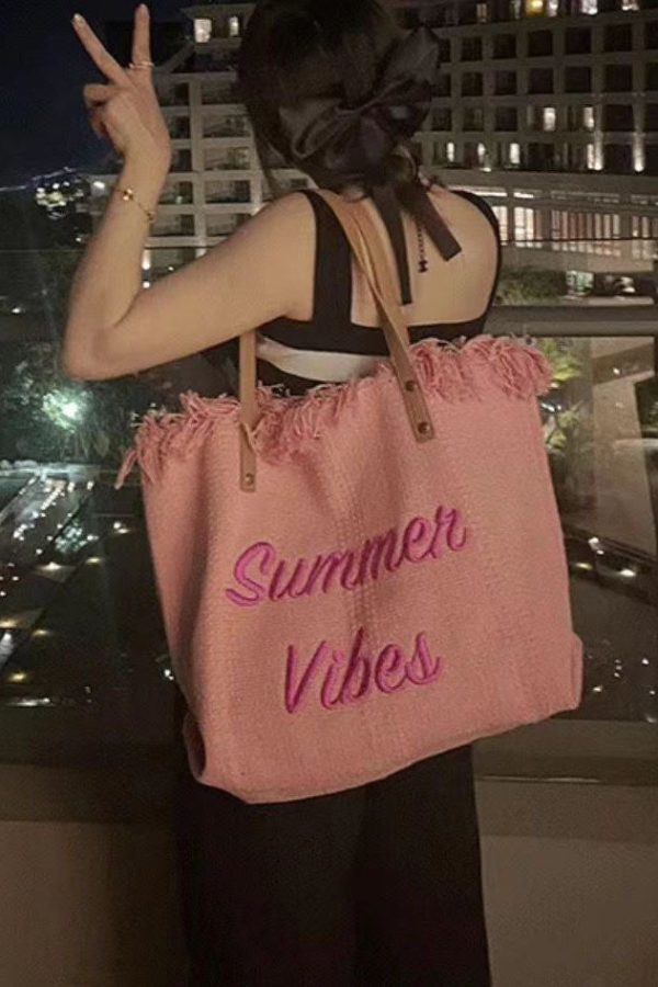Pink Tassel Patchwork Letter Embroidery Canvas Tote Handbag