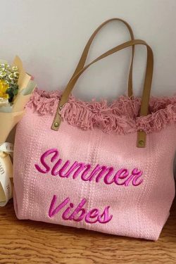 Pink Tassel Patchwork Letter Embroidery Canvas Tote Handbag