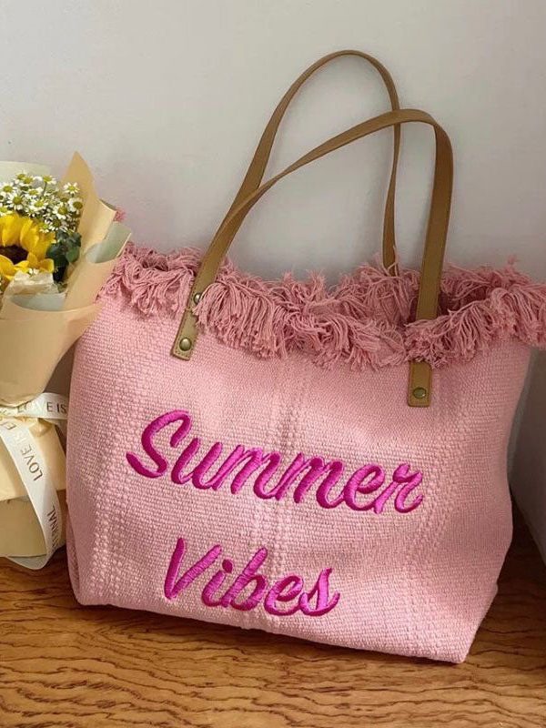 Pink Tassel Patchwork Letter Embroidery Canvas Tote Handbag