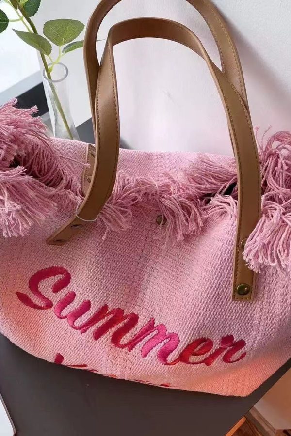 Pink Tassel Patchwork Letter Embroidery Canvas Tote Handbag
