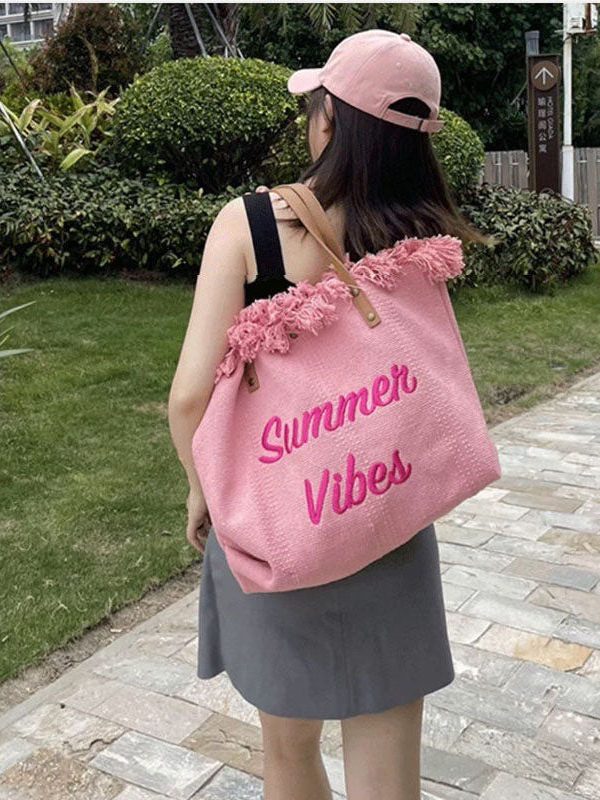 Pink Tassel Patchwork Letter Embroidery Canvas Tote Handbag