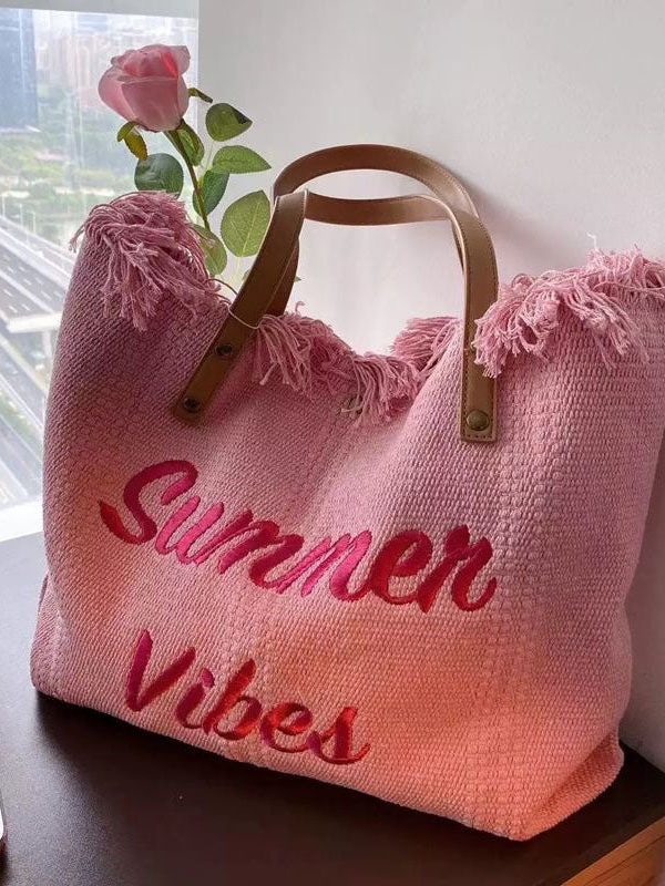 Pink Tassel Patchwork Letter Embroidery Canvas Tote Handbag