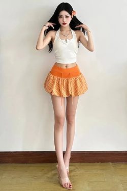 Plaid Drawstring Bubble Mini Skirt