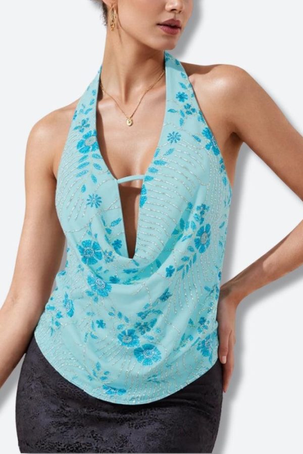 Plunge Neck Sequined Beaded Top