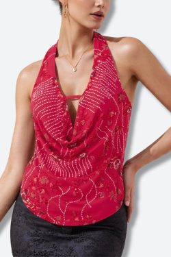 Plunge Neck Sequined Beaded Top