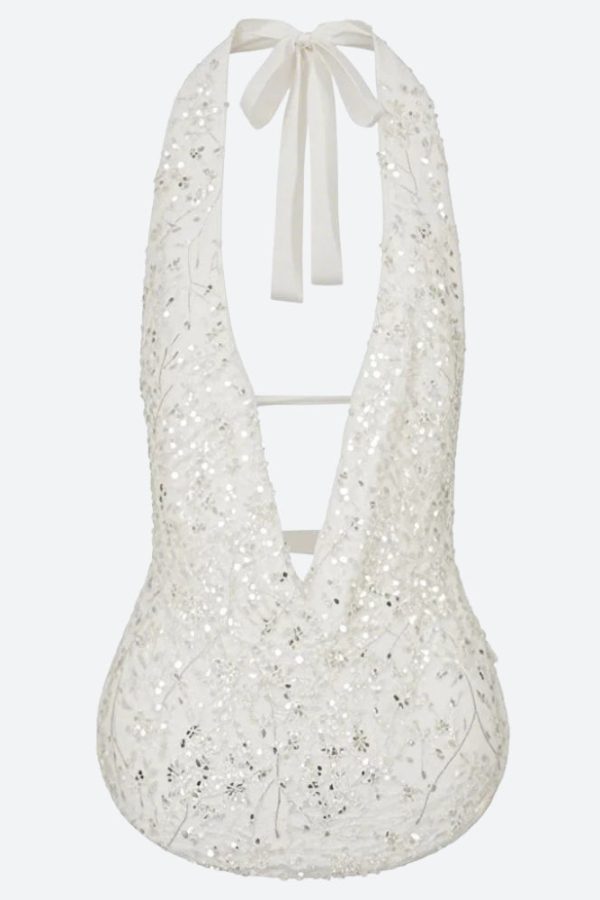 Plunge Neck Sequined Beaded Top