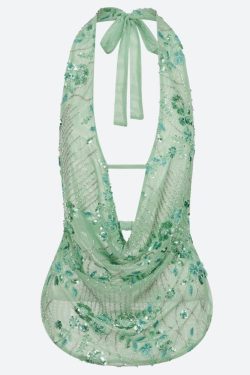 Plunge Neck Sequined Beaded Top