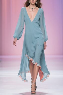 Plus Size Blue Asymmetrical Floral Chiffon Long Dress Spring