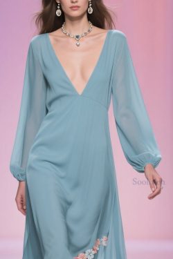 Plus Size Blue Asymmetrical Floral Chiffon Long Dress Spring