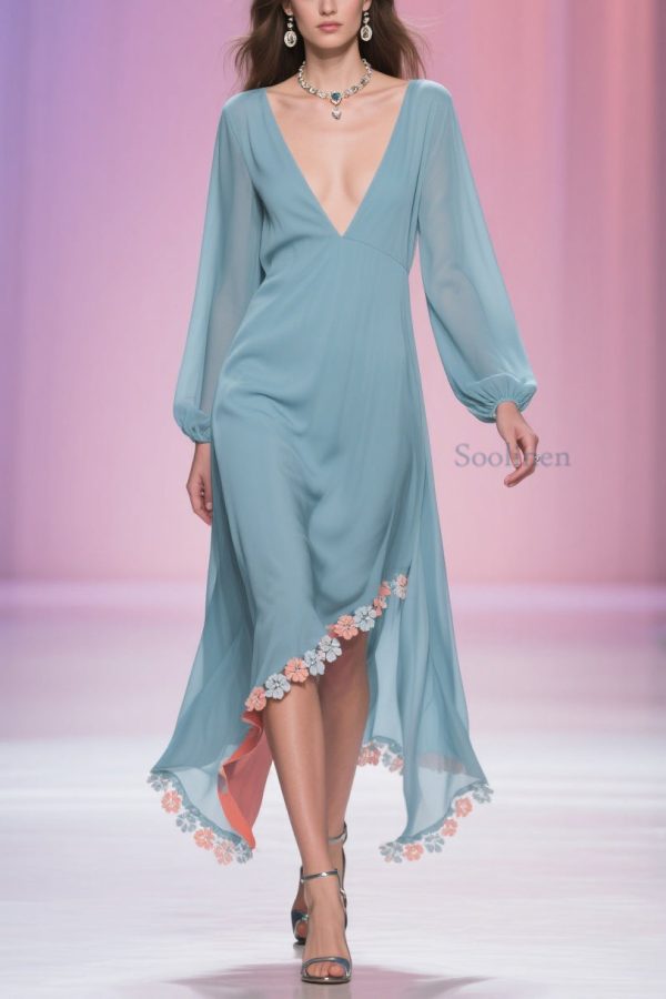 Plus Size Blue Asymmetrical Floral Chiffon Long Dress Spring