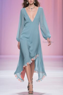 Plus Size Blue Asymmetrical Floral Chiffon Long Dress Spring