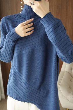 Plus Size Blue Asymmetrical Solid Knit Sweaters Spring