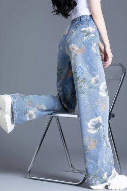 Plus Size Blue Oversized Print Denim Straight Pants Spring