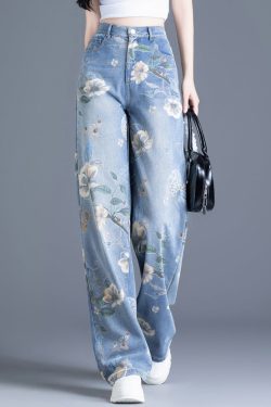 Plus Size Blue Oversized Print Denim Straight Pants Spring
