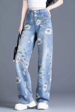 Plus Size Blue Oversized Print Denim Straight Pants Spring