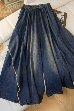 Plus Size Blue Pockets Patchwork Wide Leg Denim Pants Fall