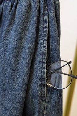 Plus Size Blue Pockets Patchwork Wide Leg Denim Pants Fall