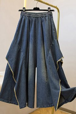 Plus Size Blue Pockets Patchwork Wide Leg Denim Pants Fall