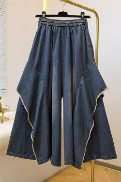 Plus Size Blue Pockets Patchwork Wide Leg Denim Pants Fall