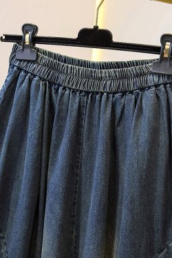 Plus Size Blue Pockets Patchwork Wide Leg Denim Pants Fall