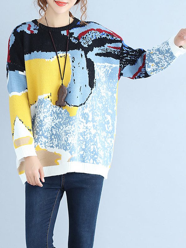 plus size blue print woolen knit tops casual o neck warm sweater