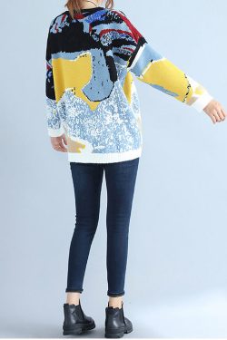 plus size blue print woolen knit tops casual o neck warm sweater