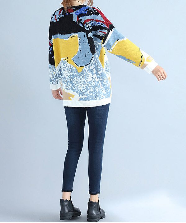 plus size blue print woolen knit tops casual o neck warm sweater