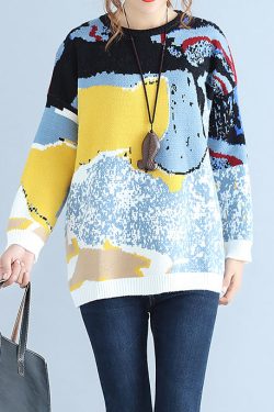 plus size blue print woolen knit tops casual o neck warm sweater