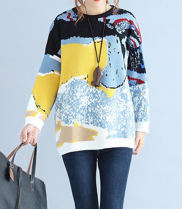 plus size blue print woolen knit tops casual o neck warm sweater