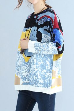 plus size blue print woolen knit tops casual o neck warm sweater