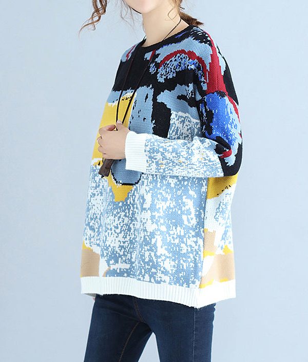 plus size blue print woolen knit tops casual o neck warm sweater