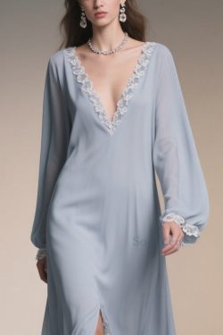 Plus Size Light Blue V Neck Lace Side Open Chiffon Dresses Spring