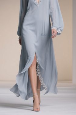 Plus Size Light Blue V Neck Lace Side Open Chiffon Dresses Spring