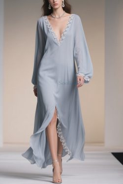 Plus Size Light Blue V Neck Lace Side Open Chiffon Dresses Spring