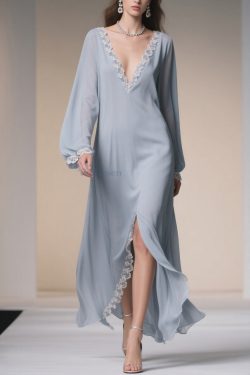 Plus Size Light Blue V Neck Lace Side Open Chiffon Dresses Spring