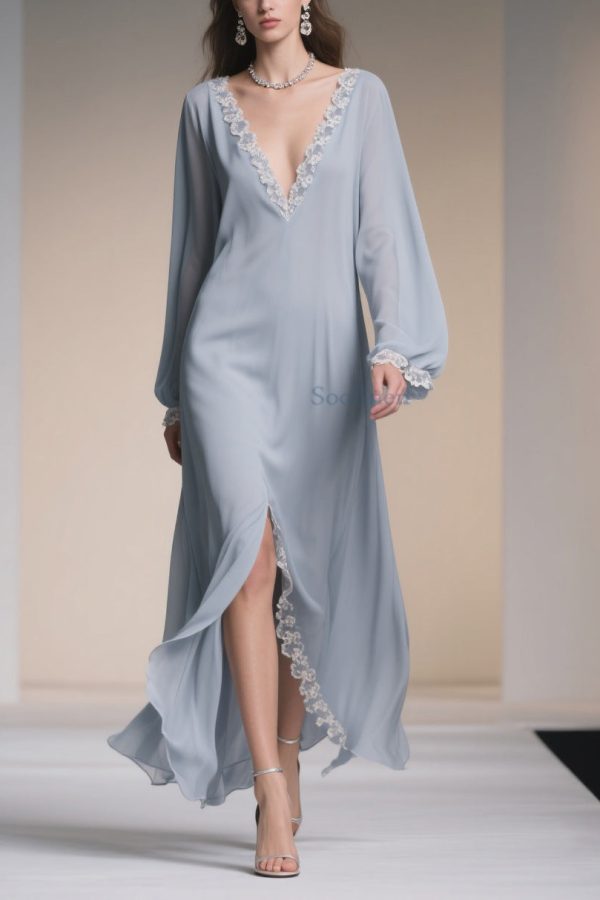 Plus Size Light Blue V Neck Lace Side Open Chiffon Dresses Spring