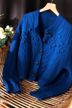 Plus Size Women Blue Button Knit Sweater Coat Spring