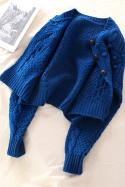 Plus Size Women Blue Button Knit Sweater Coat Spring